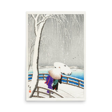 Two women in the snow on Yanagi Bridge by Ohara Koson- Premium Poster
