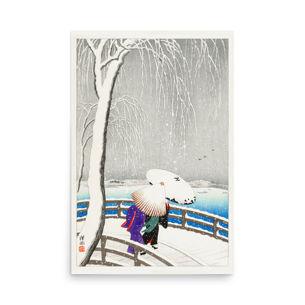 Two women in the snow on Yanagi Bridge by Ohara Koson- Premium Poster